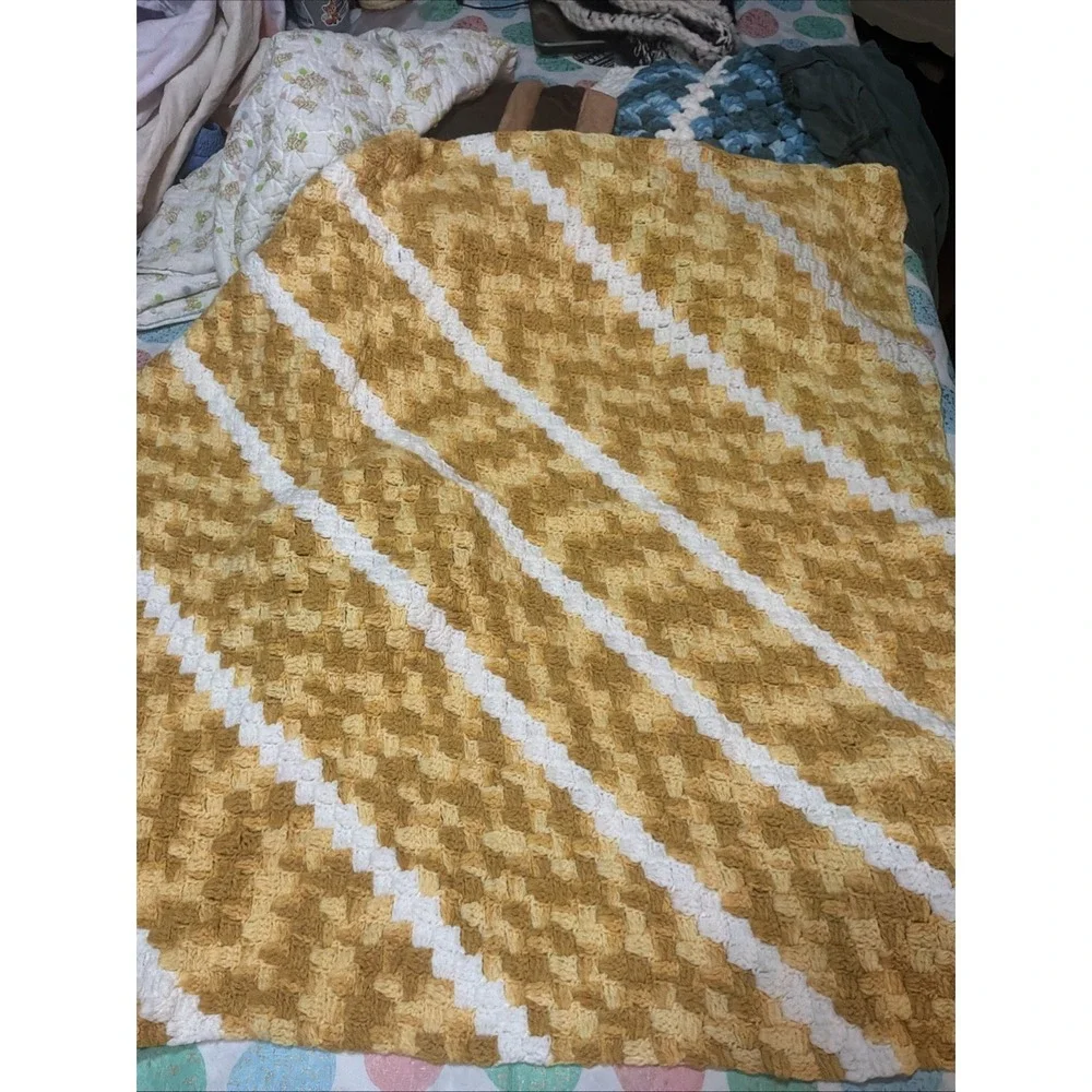 Mustard Yellow and White Acrylic Knitted Throw Blanket with a wave pattern 41x41